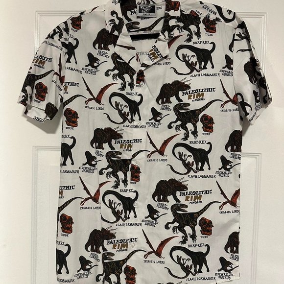 Shredders Digest Dinosaur Motif Button Up Skater Shirt Short Sleeve Size Small - Picture 1 of 2